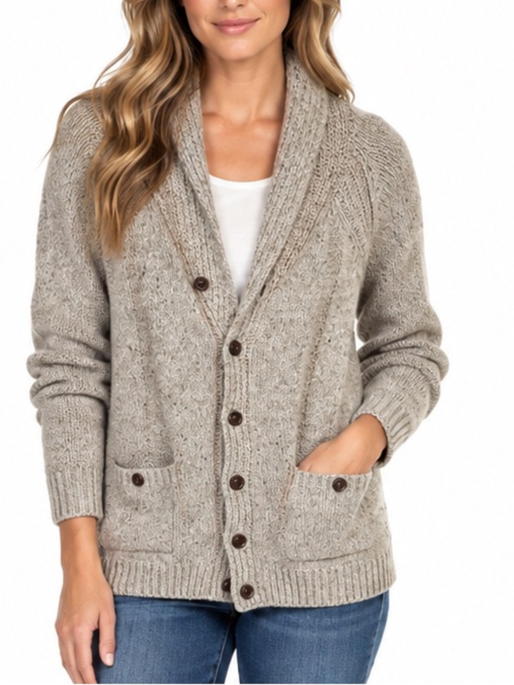 J.Crew Wool Blend Shawl Collar Cardigan Sweater Oatmeal Chunky Knit